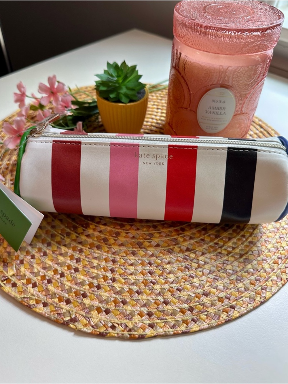 kate spade White Multicolor Vertical Stripe Pencil Pouch
